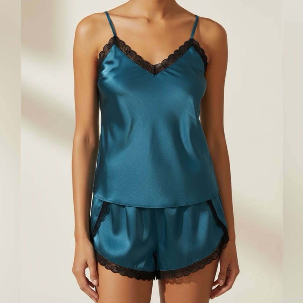 Teal Satin Sleepwear Set with Lace Trim